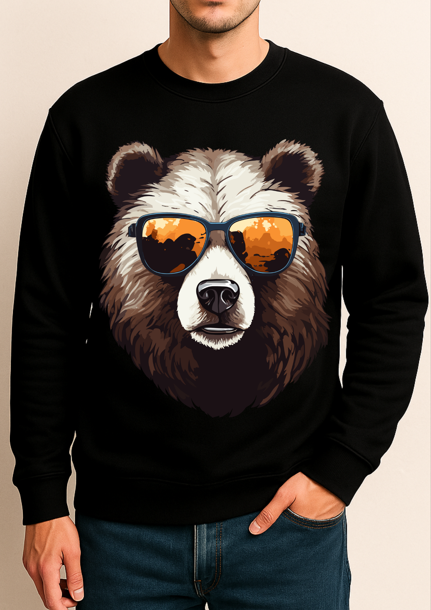 Premium Black Sweatshirt with Bear Face Print | Trendy Collections