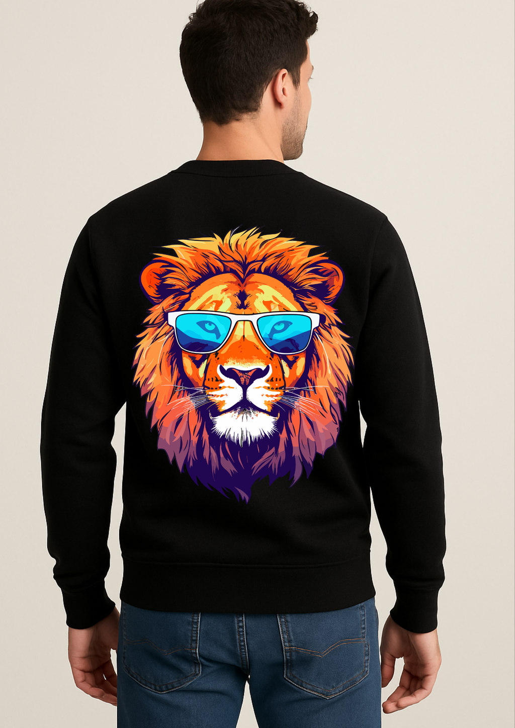 Black Sweatshirt with Lion Back Print | Bold Streetwear for Men