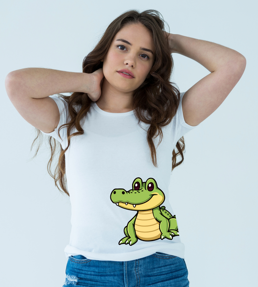 Women’s White Cartoon Crocodile Print T-Shirt