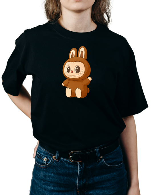 Girls Oversized Black T-Shirt with Labbubu Front Print