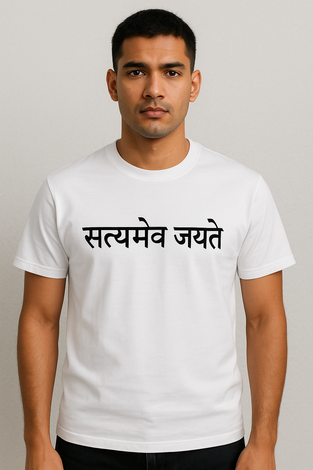 Satya Mev Jayate – White Sanskrit T-Shirt for Men